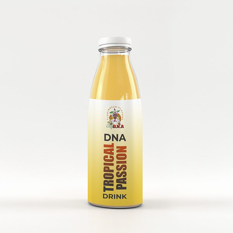 A bottle of dna tropical passion drink on a white background