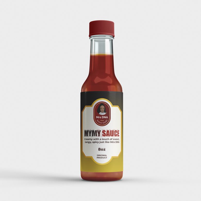 A bottle of sauce with label on it.