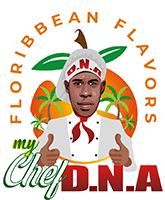 A chef with an orange and palm tree background.