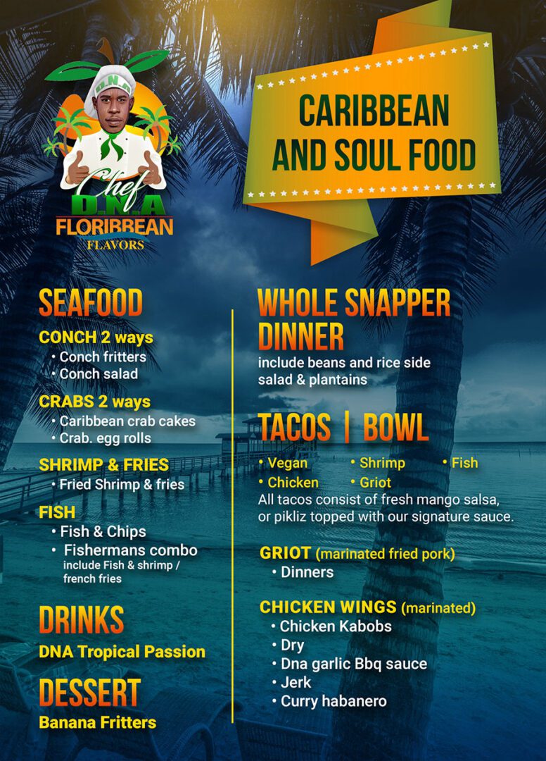 A menu of the caribbean and soul food restaurant.