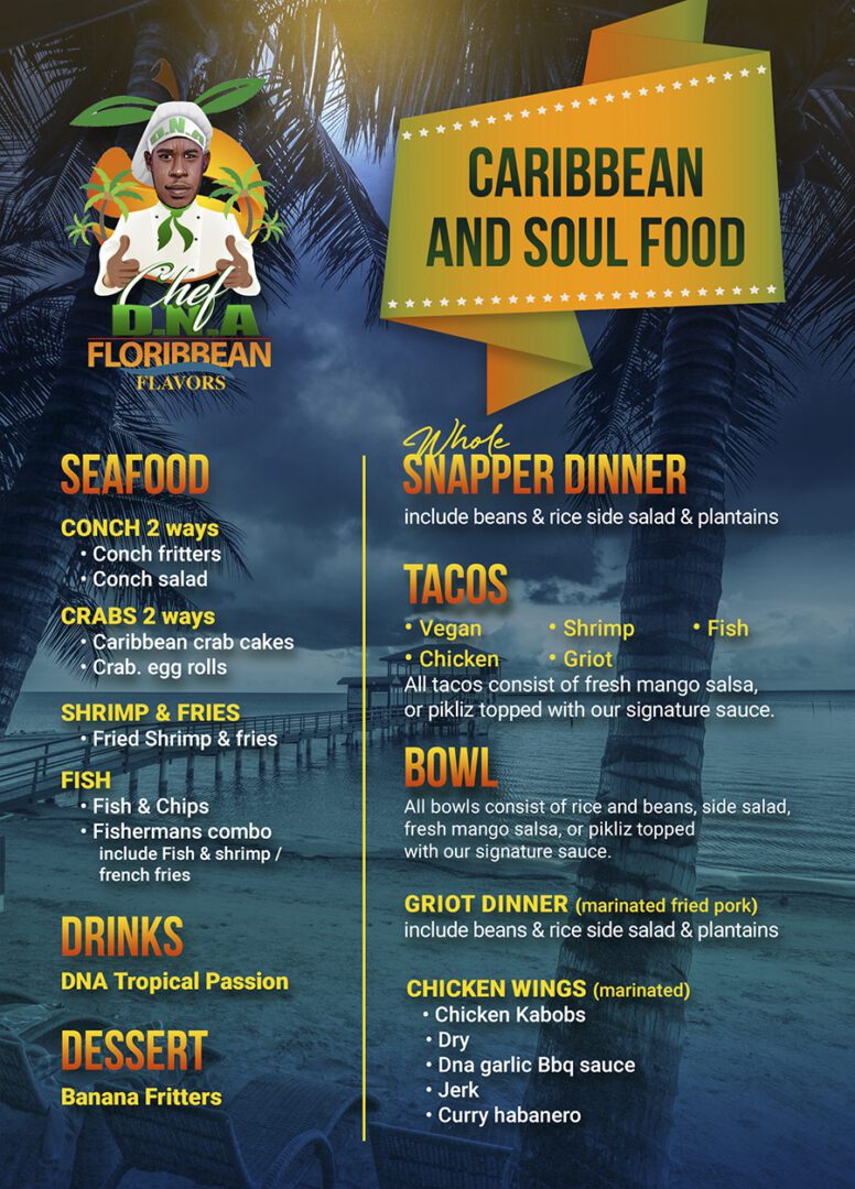 A menu of the caribbean and soul food restaurant.